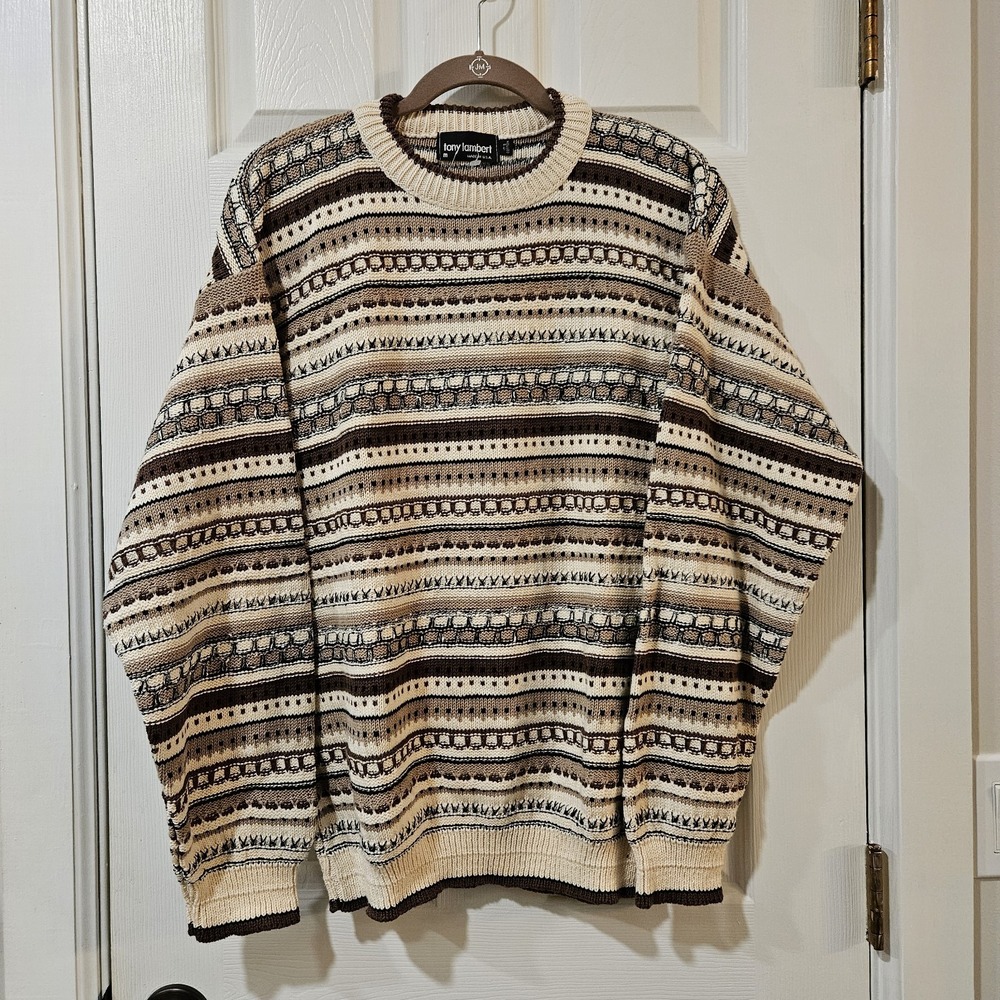 Vtg Tony Lambert Striped Textured Knit Crewneack Sweater Size Med Grandpacore